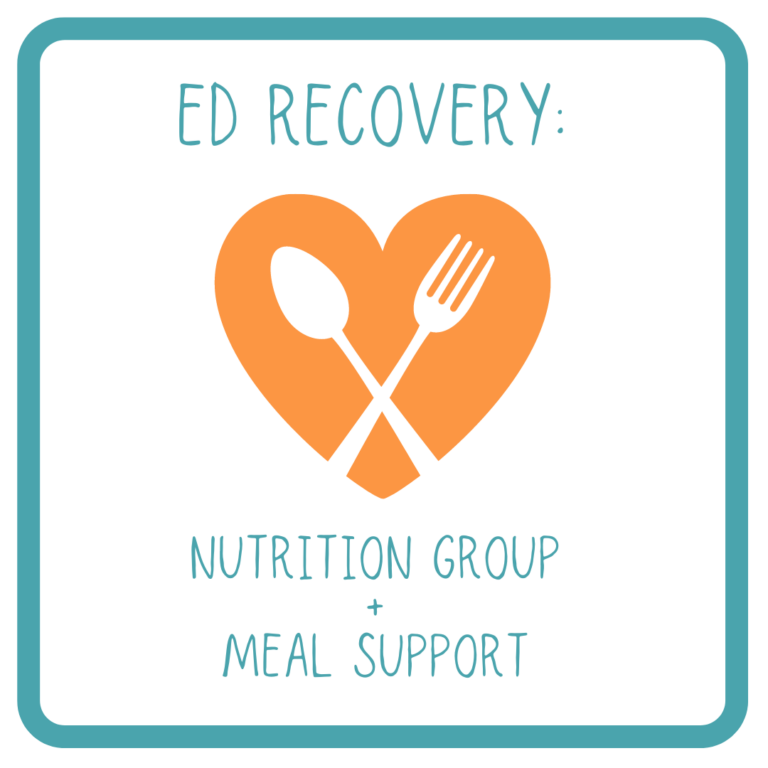 White square with teal outline. Rads ED Recovery: Nutrition Group and MEal Support. Orange heart with fork and spoon in the middle of the image.