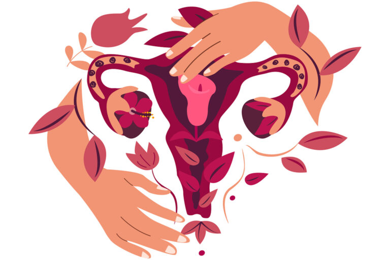 Peach, red and pink drawing of the female reproductive organs with hands to represent care.
