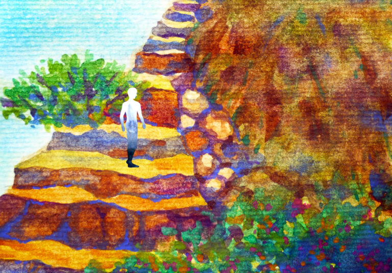 Drawn picture of person walking up a staircase outside, symbolizing a person'a journey on eating disorder and substance use disorder recovery.